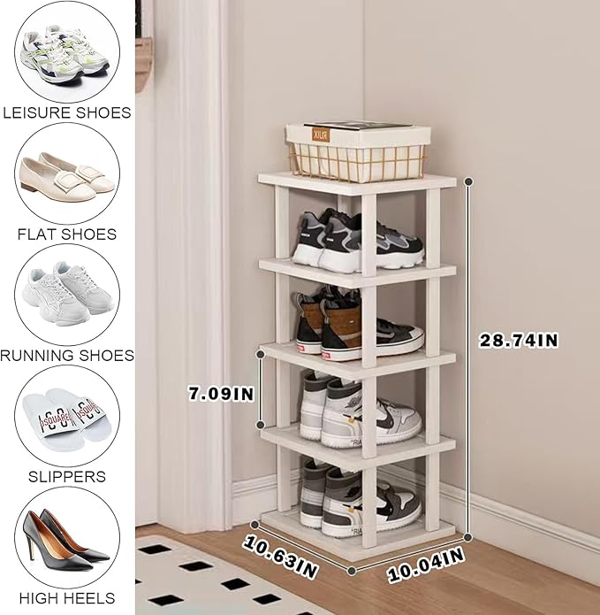 SAN HE Bamboo Shoe Rack 5Tier- Vertical White Shoe Rack - Image 2