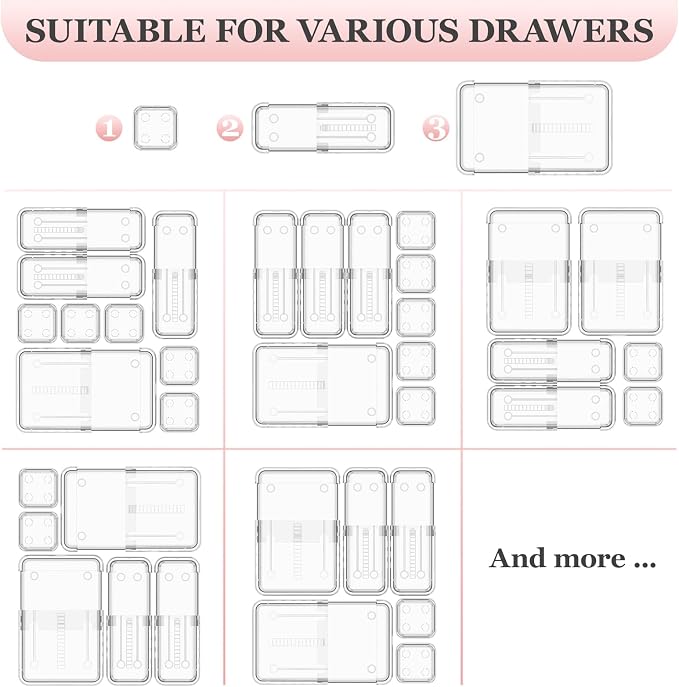 DILIBRA 16 Pcs Clear Extendable Drawer Organizer, Adjustable Drawer Storage - Image 7