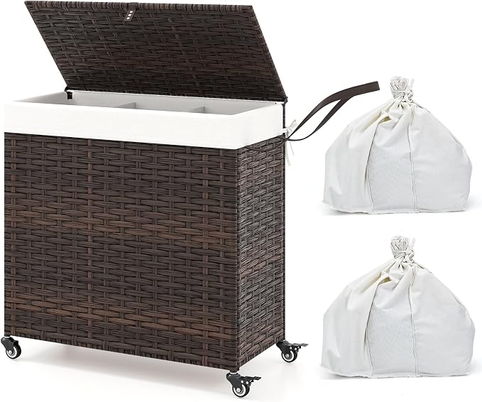 Giantex Laundry Hamper w/Wheels, 3 Section Hamper 125L w/2 Removable Liner Bags by Giantex