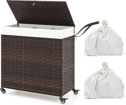 Giantex Laundry Hamper w/Wheels, 3 Section Hamper 125L w/2 Removable Liner Bags by Giantex