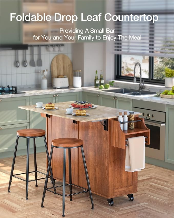 Kitchen Island with Drop Leaf and Storage, on Wheels Two Drawers, Large Storage - Image 8