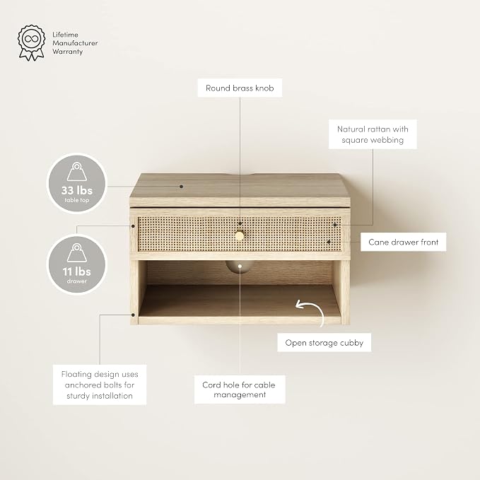 Nathan James Jackson Wall Mounted Rattan Floating Bedroom Nightstand - Image 4