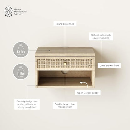 Nathan James Jackson Wall Mounted Rattan Floating Bedroom Nightstand - Image 4