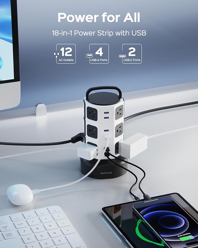 Power Strip Tower Surge Protector, JACKYLED 12 Outlets 6 USB Charging Station - Image 2