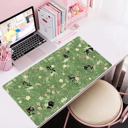 Green Desk Mat XL Cat Cute Plant Cool Desk Pad Keyboard Mat Kawaii Black Cat - Image 7