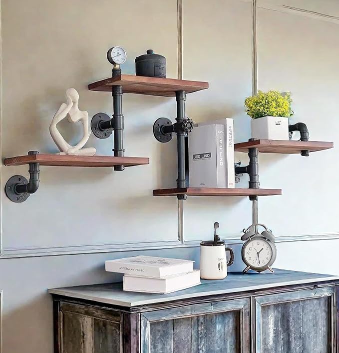 Industrial Rustic Modern Solid Wood Ladder Pipe Wall Mounted Floating Shelves – by BIXIRAODesignHomeForYou