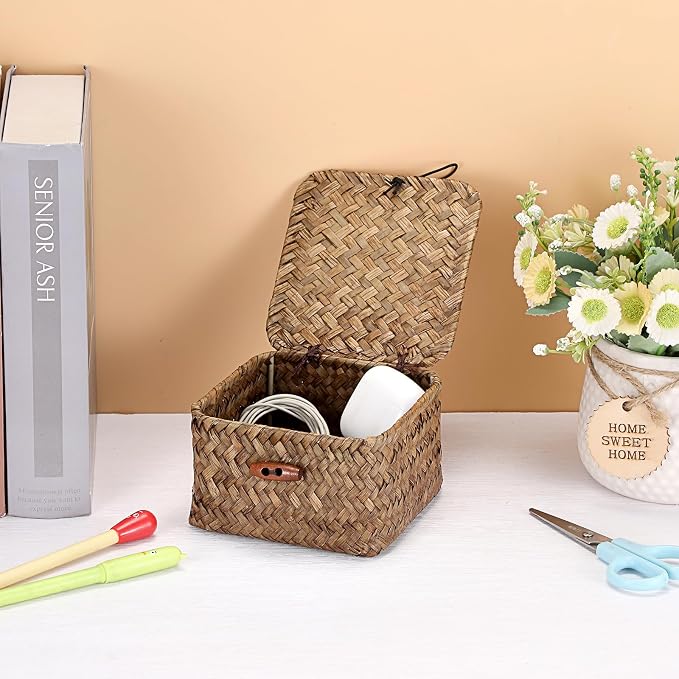 Hipiwe Handwoven Seagrass Basket Bin Small Decorative Shelf Basket Boxes - Image 7