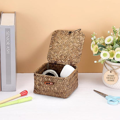 Hipiwe Handwoven Seagrass Basket Bin Small Decorative Shelf Basket Boxes - Image 7