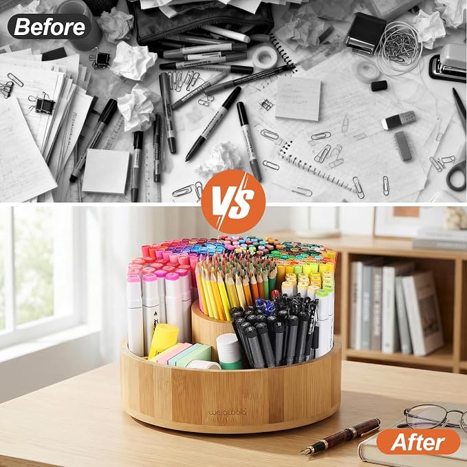 Marker Organizer Rotating Bamboo Desk Organizer, Silent 360° Rotation Caddy - Image 4