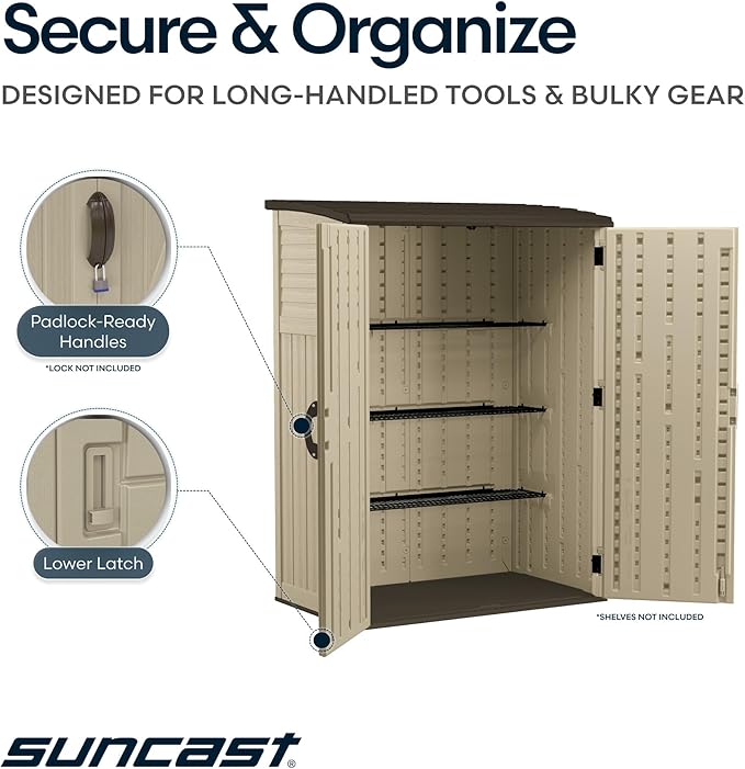 Suncast Outdoor Storage Shed, Water Resistant Resin Vertical Outdoor Storage - Image 4