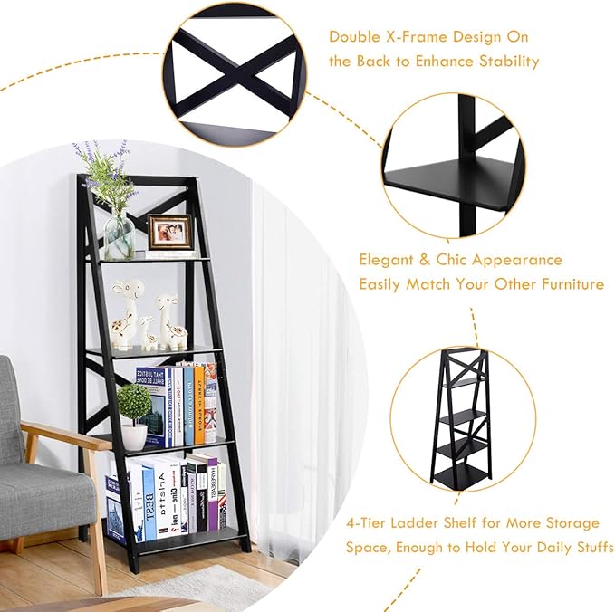 Tangkula 4-Tier Ladder Shelf Bookcase, Leaning Free Standing Wooden Frame Decor - Image 7