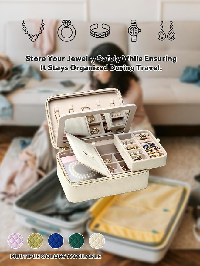 Velvet Travel Jewelry Box with Large Mirror, Double-Layer Jewelry Organizer Case - Image 8
