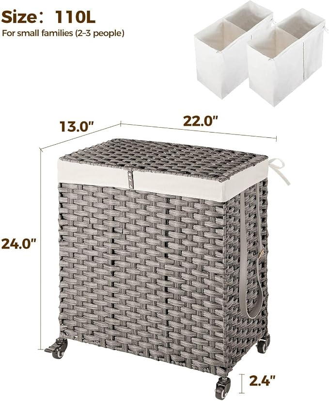 Greenstell Laundry Hamper with Wheels, No Install Needed, 110L Divided - Image 5