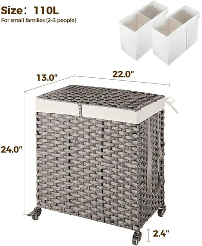 Greenstell Laundry Hamper with Wheels, No Install Needed, 110L Divided - Image 5