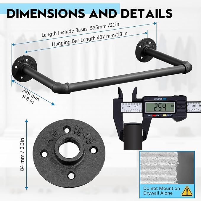 Industrial Pipe Clothes Rack Set of 2, 21” Heavy Duty Wall Mounted Clothing - Image 3