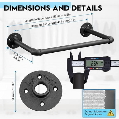 Industrial Pipe Clothes Rack Set of 2, 21” Heavy Duty Wall Mounted Clothing - Image 3