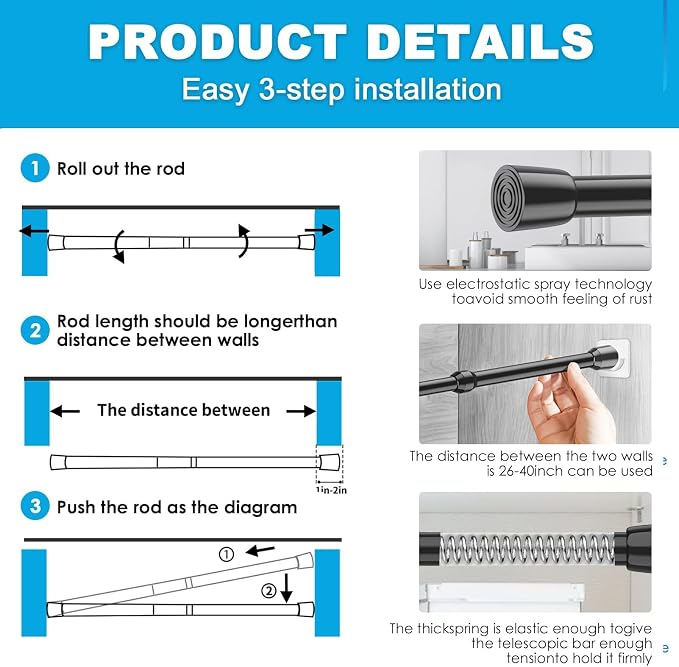 MEXAU 1Pack Spring Tension Curtain Rod 26-39 inch Black Small Tension Rod | - Image 6