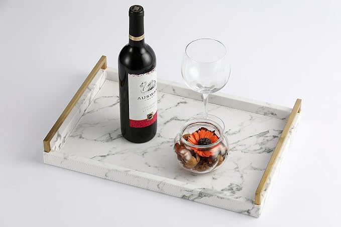 17.8 * 11.8" White PU Leather Marble Finish Decorative Tray Serving Tray - Image 3