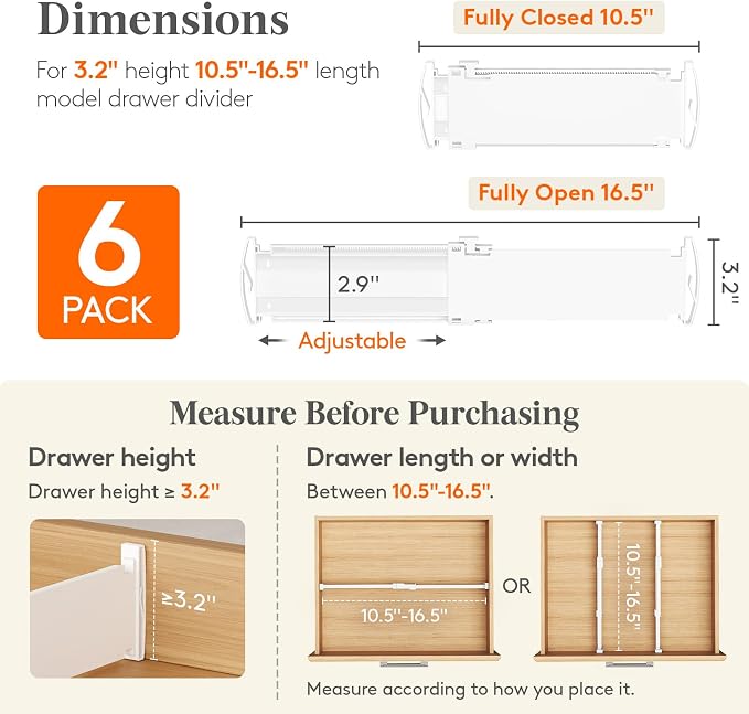 Lifewit Drawer Dividers for Clothes, 3.2" High 10.5"-16.5" Expandable Dresser - Image 2