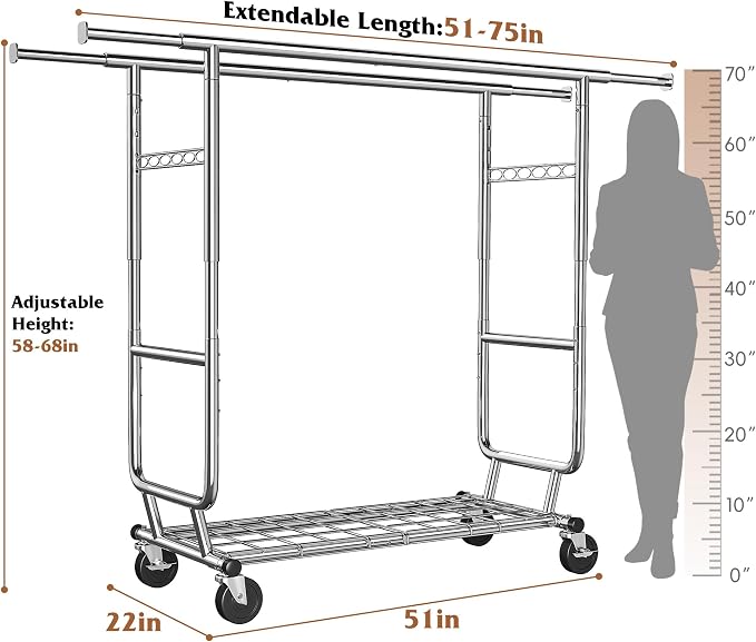 Raybee Clothes Rack Load 630LBS, Heavy Duty Clothes Rack, Rolling Clothing Racks - Image 9