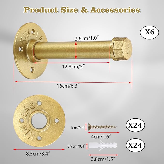 BTSKY 6 Pack Clothes Rack with Screws, 6 Inch Metal Industrial Pipe Clothes Bars - Image 3