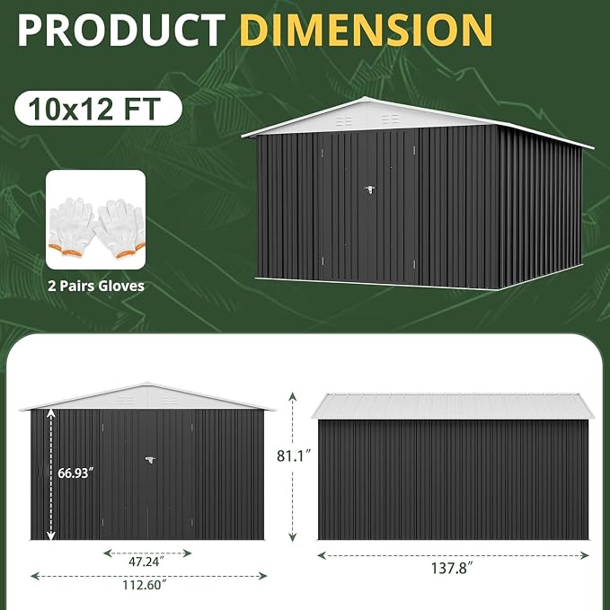 Polar Aurora 10x12 FT Metal Shed, Heavy-Duty Galvanized Steel Tool Storage Shed - Image 2