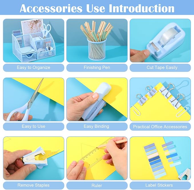 11 In 1 Blue Desk Organizer And Accessories, Light Blue Office Supplies Include - Image 4
