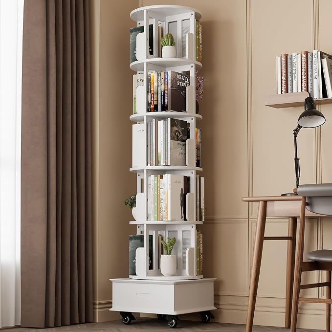 72" Solid Wood Rotating Bookshelf Tower on Wheels, 5-Tier Spinning Bookcase - Image 3