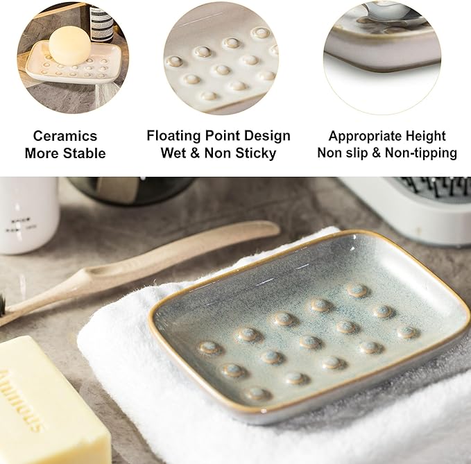 Soap Dish for Shower, Ceramic Soap Dish Non-Slip Soap Holder Bar Saver Tray for - Image 3