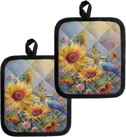 2Pcs Sunflower Hummingbird Print Pot Rack Holder Set by Jndtueit