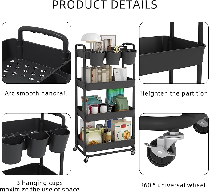 JIUYOTREE 4-Tier Plastic Rolling Storage Cart Utility Cart - Image 7