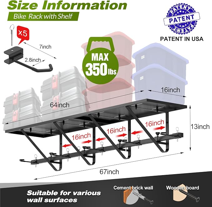 Bike Storage Rack with Shelf, Bike Wall Mount Garage Stand, Bike Hanger Storage - Image 6