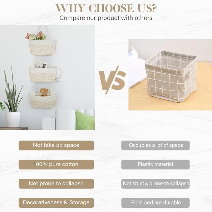 TeoKJ Over the Door Hanging Basket, 3-Tier Woven Cotton Wall-Mounted Storage - Image 9