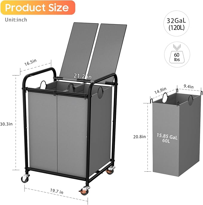 120L Laundry Sorter 2 Section, Rolling Laundry Basket - Image 2