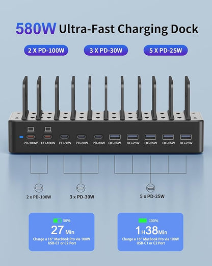 580W Charging Station for Multiple Devices, 10-Port USB C Fast Charger Station - Image 3