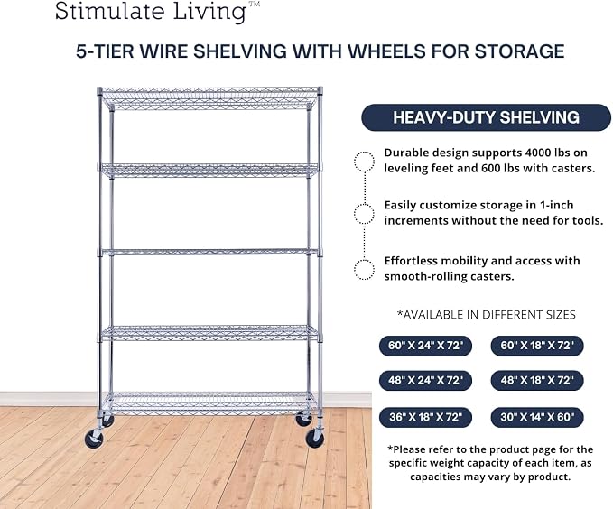 48"x18"x72" PRIME HEAVY DUTY Chrome 5-Tier Wire Shelving NSF 4000 LBS MAX - Image 6