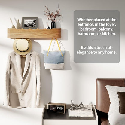 Coat Rack Wall Mount with Shelf 4 Hidden Hooks Modern Wooden Key Holder - Image 6