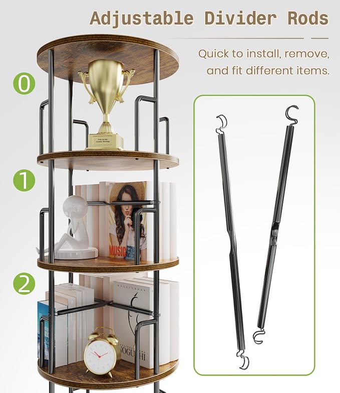 5 Tier Rotating Bookshelf Tower Round, Tall Floor Standing Spinning Bookshelf - Image 4