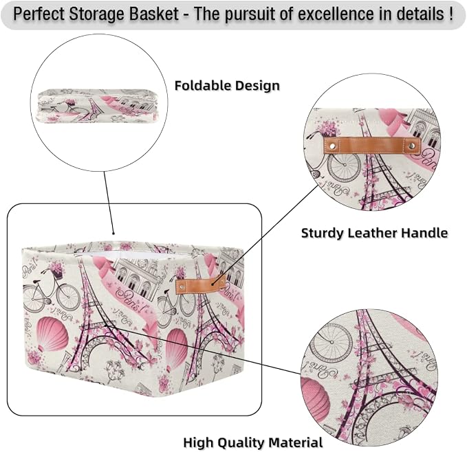 Storage Basket Floral Paris Eiffel Tower, Large Foldable Organizer Storage Bins - Image 7