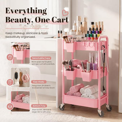 3 Tier Rolling Cart Metal with Lockable Wheels, Storage Utility Trolley Carts - Image 3