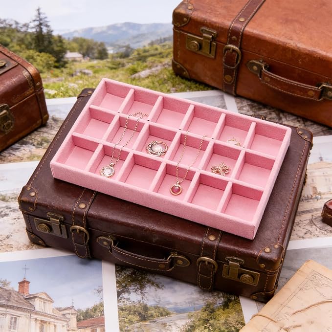 Velvet Jewelry Organizer Trays Pink 18 Grids | Stackable Jewelry Storage - Image 5