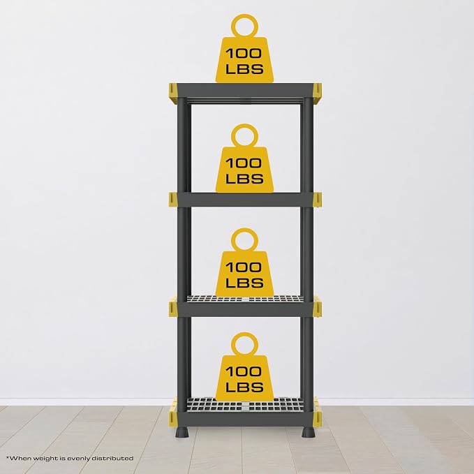 BLACK & YELLOW 4-Tier Heavy Duty Plastic Storage Shelving Unit, 100lbs/shelf - Image 3