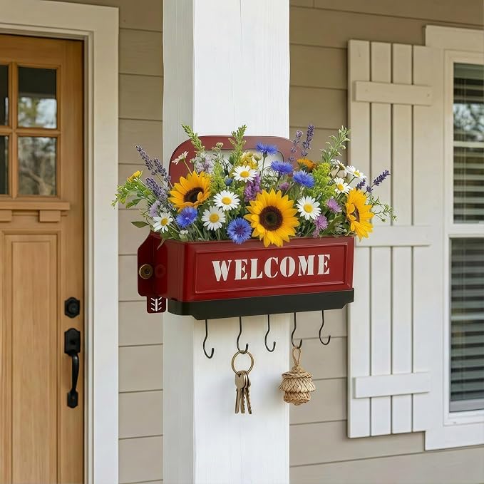 Truck Farmhouse Key Rack & Rustic Metal Wall Planter, Wall Mounted Flower Pot - Image 2