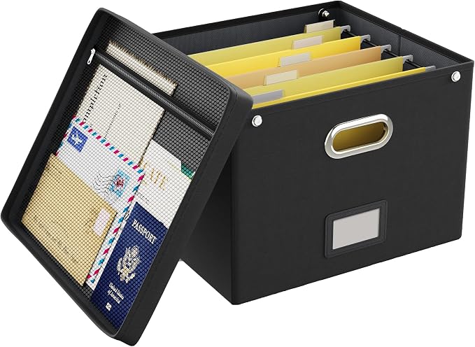 File Organizer Box with Lid, Large Hanging Filing Box with Mesh Pocket by Oterri