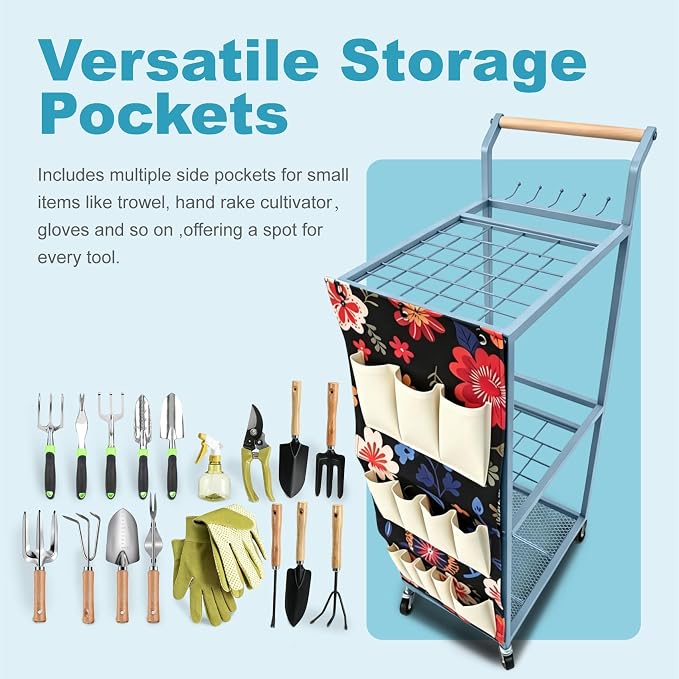 Garden Tool Organizer with Wheels 3 Tier Yard Tool Organizer Rack with Side - Image 3