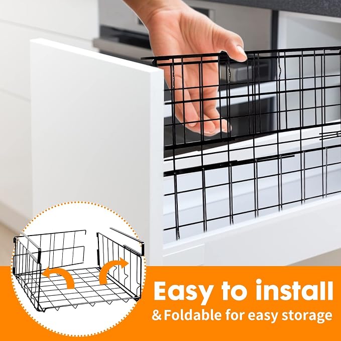 Hanging Under Shelf Storage Basket, 4 Pack Foldable Under Cabinet Metal Desk - Image 4