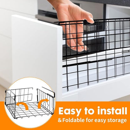 Hanging Under Shelf Storage Basket, 4 Pack Foldable Under Cabinet Metal Desk - Image 4