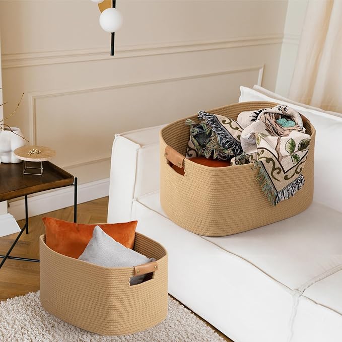 danpinera Large Blanket Basket for Living Room, 72 L Woven Cotton Rope Baskets - Image 5