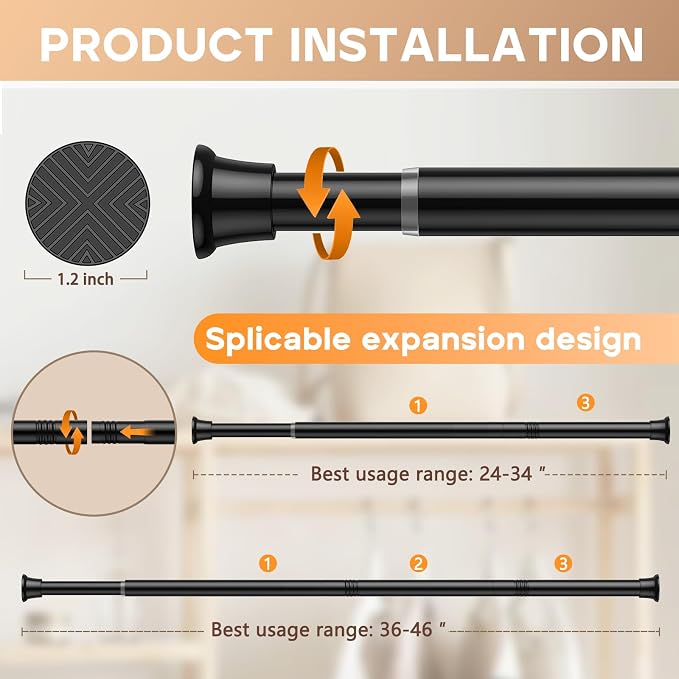 2PCS Black Tension Curtain Rods 23 to 46 Inch, Pressure Expandable Spring Rods - Image 6