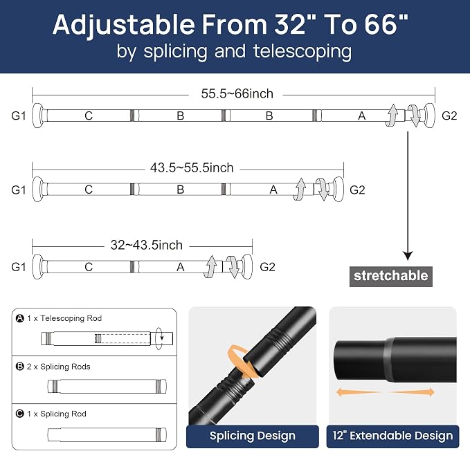ENJOYBASICS 2 Pack Tension Curtain Rod, 32-66" Adjustable, No Tools, - Image 3